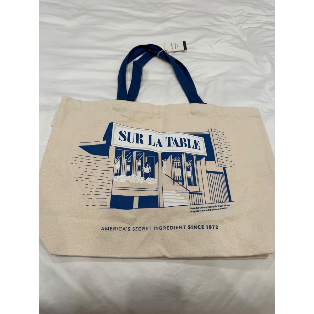 Sur La Table Shopper Tote Canvas Bag Pike Place Market Cream Blue NWT - Picture 3 of 11